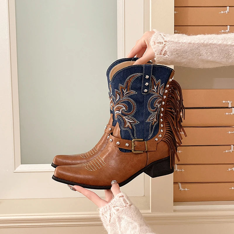 Women's Western Cowboy Boots – Embroidered Studded Block Heel Western Cowboy Boots Axl