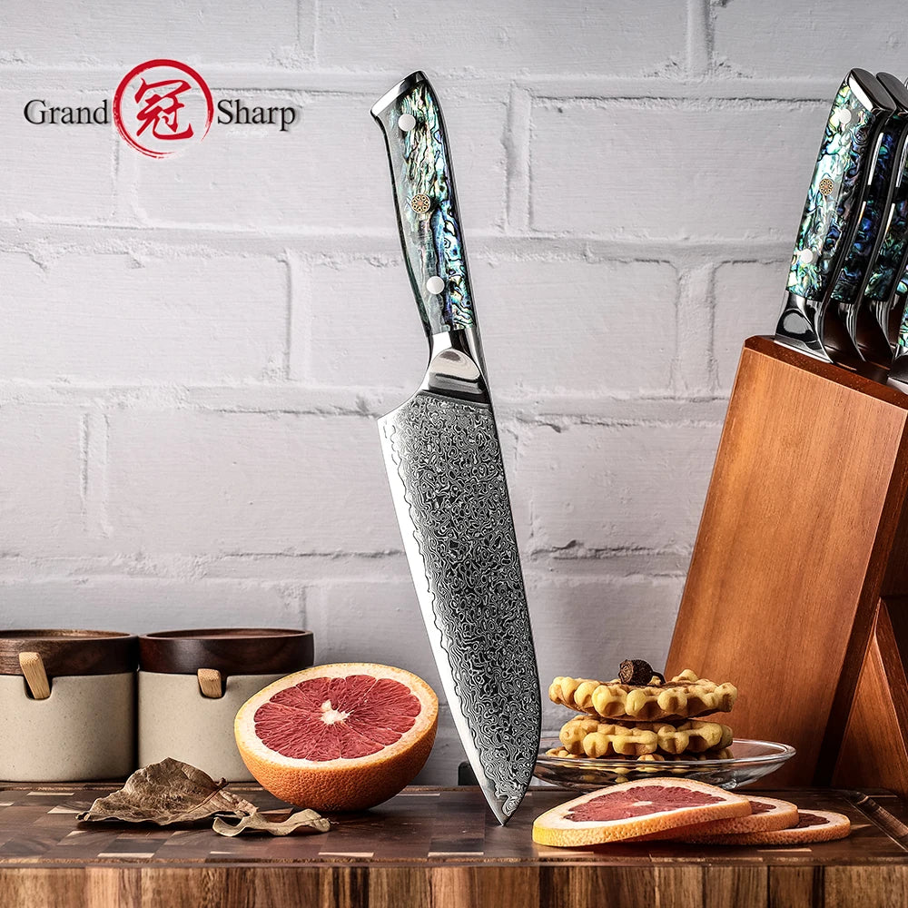 Grandsharp 7" Damascus Santoku Knife – 67-Layer Steel + Sheath Damascus Kitchen Knife Axl