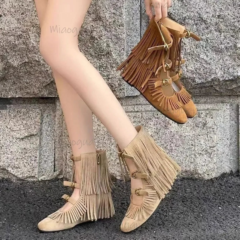Women's Bohemian Fringed Wedge Ankle Boots – Gladiator Style Wedge Ankle Boots Axl