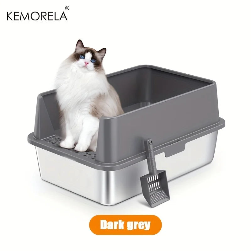 KEMORELA XL Stainless Steel Cat Litter Box with Lid & Scoop Cat Litter Box Axl Dark Grey