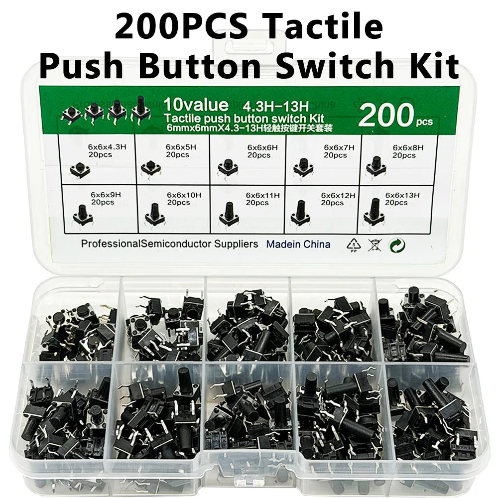 200PCS 6x6mm Micro Tactile Push Button Switch Kit – 10 Types Tactile Switch Kit Axl Default Title