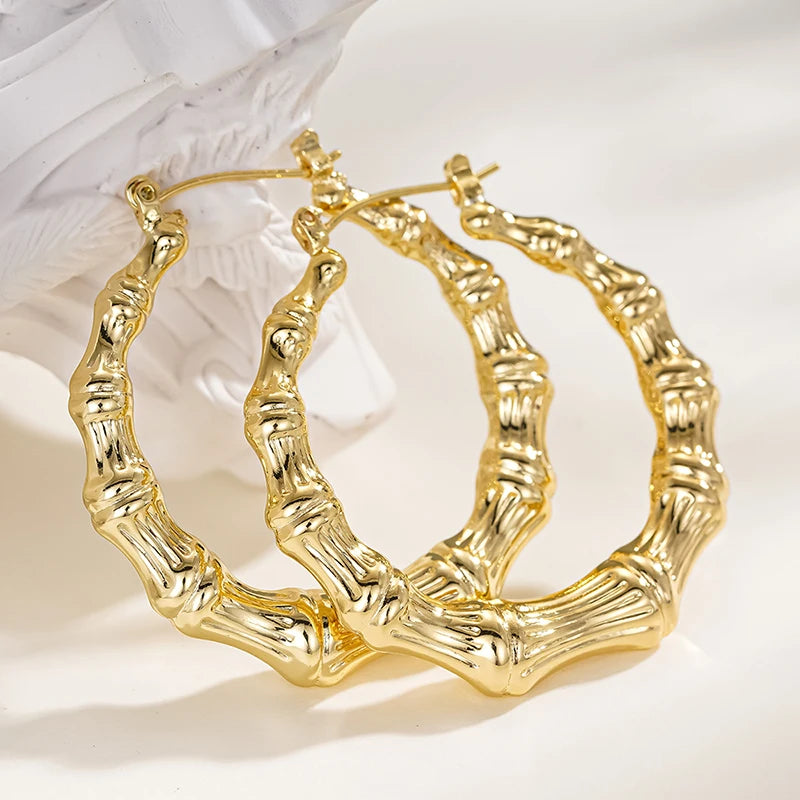 Huitan Gold Bamboo Hoop Earrings – Large Geometric Statement Hoop Earrings Axl E5775