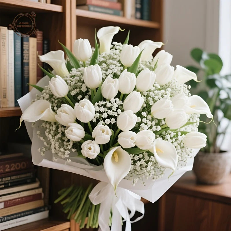 40-Piece Artificial Flower Bouquet – Gypsophila, Tulip & Lily Artificial Flower Bouquet Axl