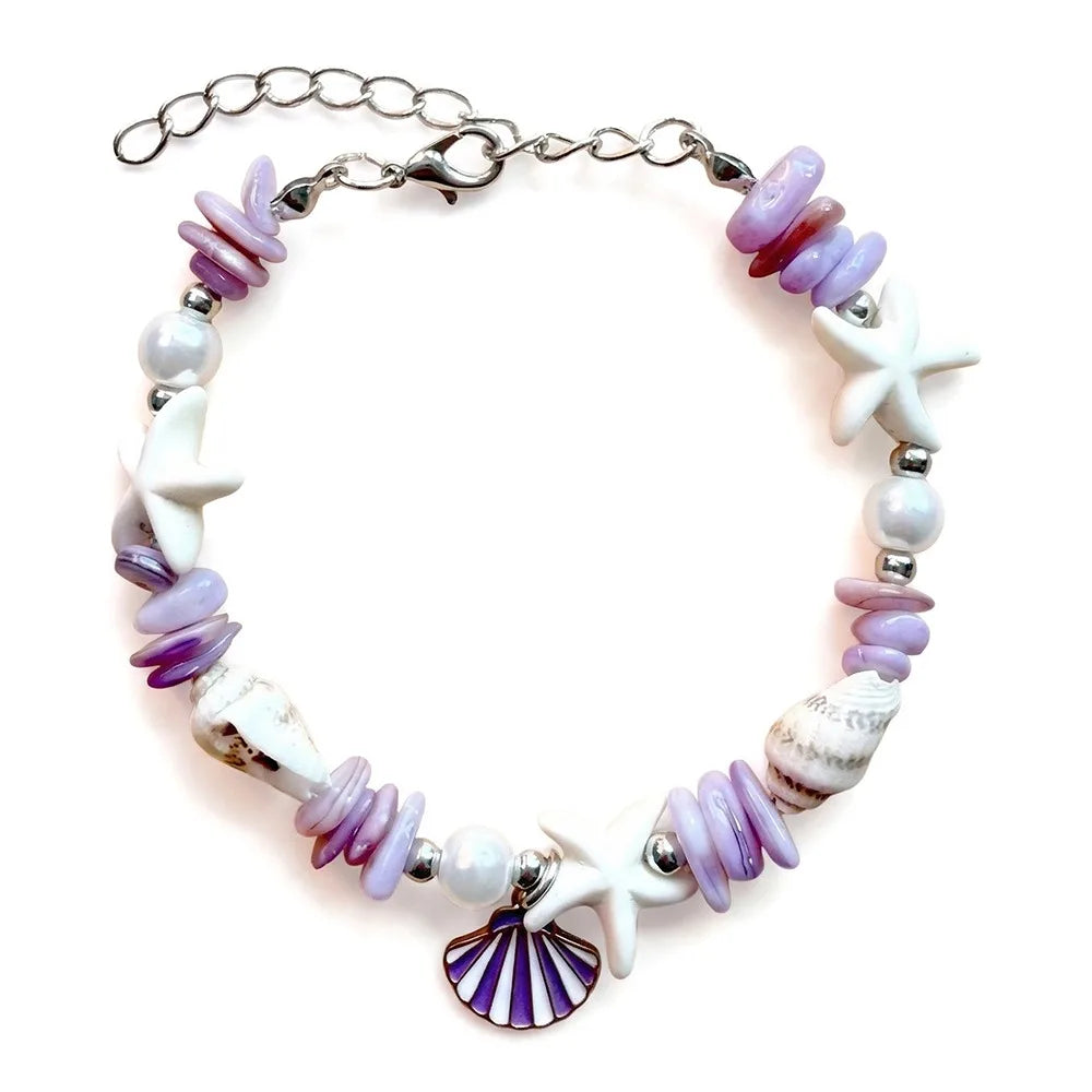 Shell Starfish Pearl Bracelet – Adjustable Beach Bangle for Women Shell Beaded Bracelet Axl Purple