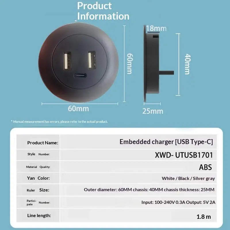 3-in-1 Embedded USB Hub – Desk Mounted USB-A & Type-C Charger Embedded USB Hub Axl