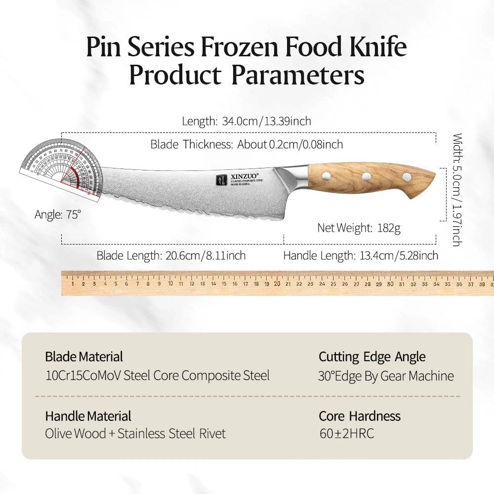 XINZUO 8-Inch Composite Steel Frozen Food Knife – Olive Wood Frozen Food Knife Axl