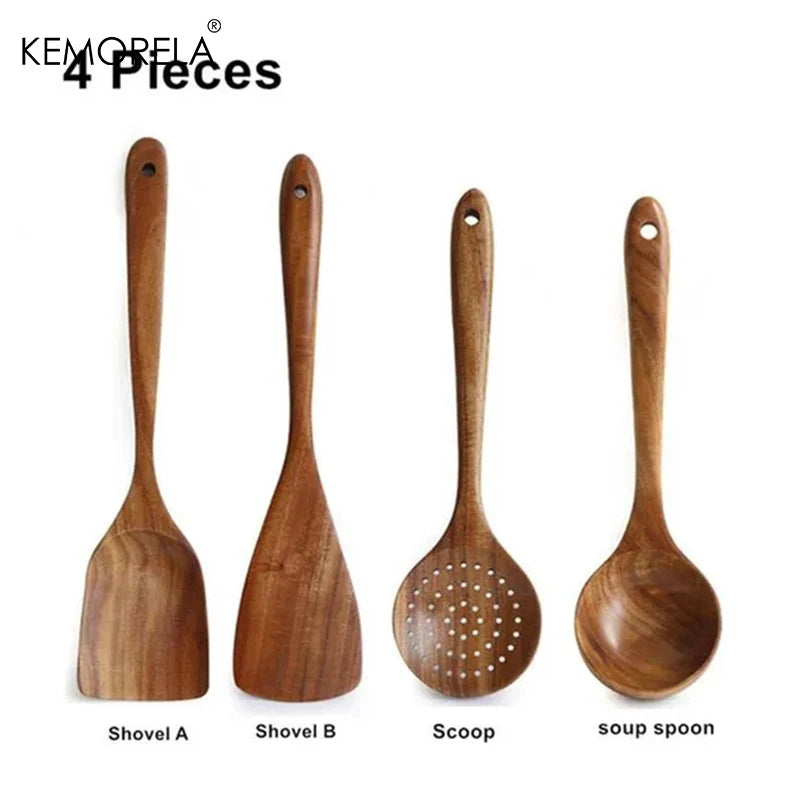 Teak Wood Kitchen Utensil Set – Spoon, Ladle, Turner & Skimmer Wood Cooking Utensil Set Axl 4PCS