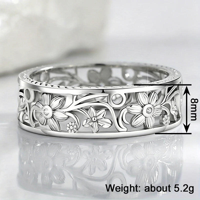 Huitan Silver Hollow Floral Ring – Women's Wedding Band Fashion Ring Axl