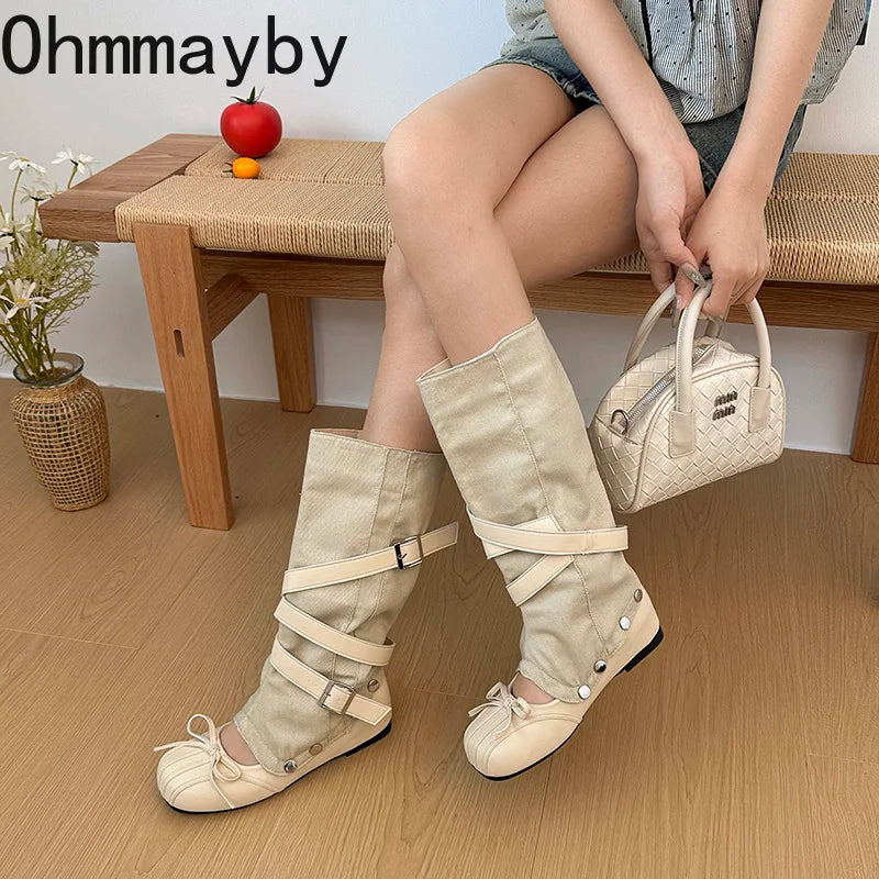Y2K Knee-High Flat Boots – Double Buckle Bow Slip-On Booties Knee-High Flat Boots Axl