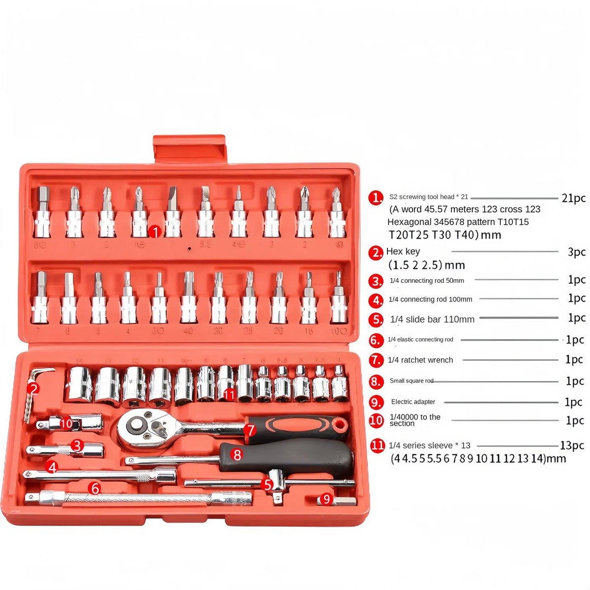 46-Pc Mechanic Tool Kit – 1/4" Ratchet Wrench & Socket Set Mechanic Tool Kit Axl Set of 46PC