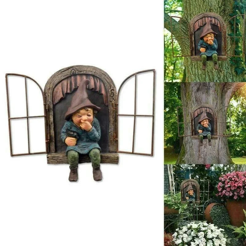 Funny Gnome Elf Peeking Door Statue | Outdoor Garden Figurine Garden Gnome Statue Axl