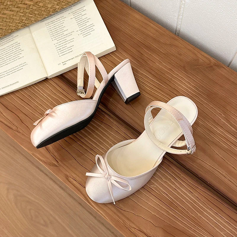 Satin Butterfly-Knot Women's Slingback Sandals | Square Heel Slingback Heeled Sandals Axl Pink 37