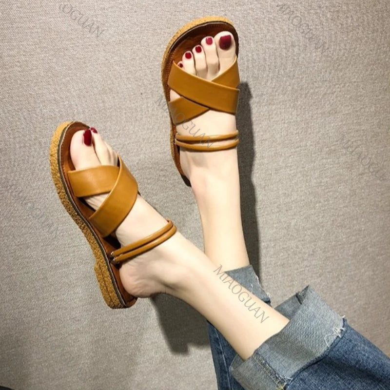 Roma Women's Cross Strap Flat Sandals – Summer Beach Shoes Flat Sandals Axl Brown 39
