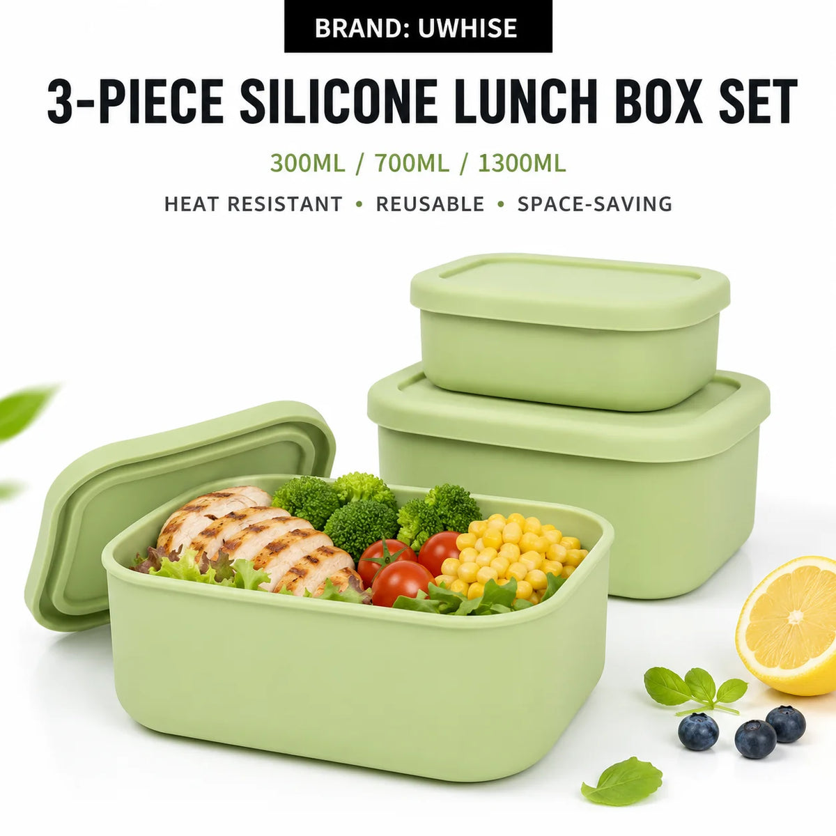 Uwhise 3-Piece Silicone Bento Lunch Box Set | Microwave Safe Silicone Lunch Box Axl