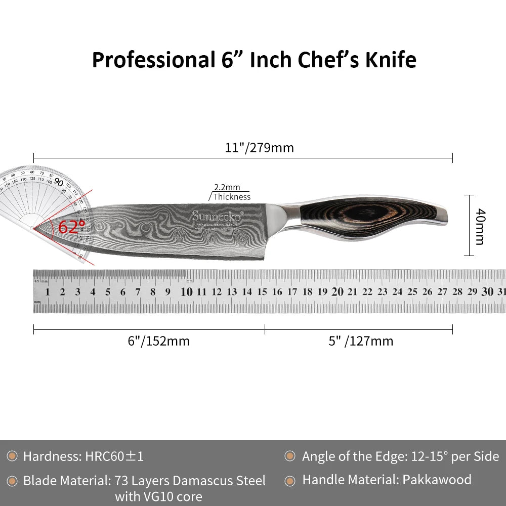 Sunnecko 6" Damascus Steel Chef's Knife VG10 Pakkawood Damascus Chef's Knife Axl