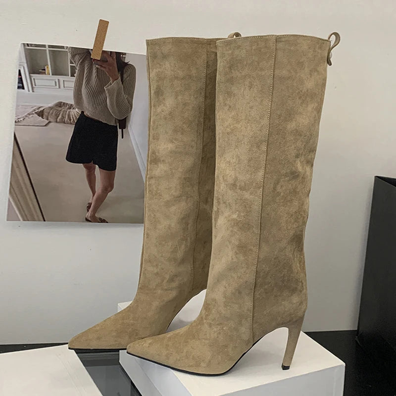 Women's Slim Knee High Boots – Pointed Toe Thin Heel Knee High Boots Axl Apricot 39
