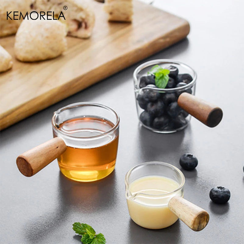 Japanese Glass Sauce Dish with Acacia Wood Handle | KEMORELA Glass Dipping Bowl Axl