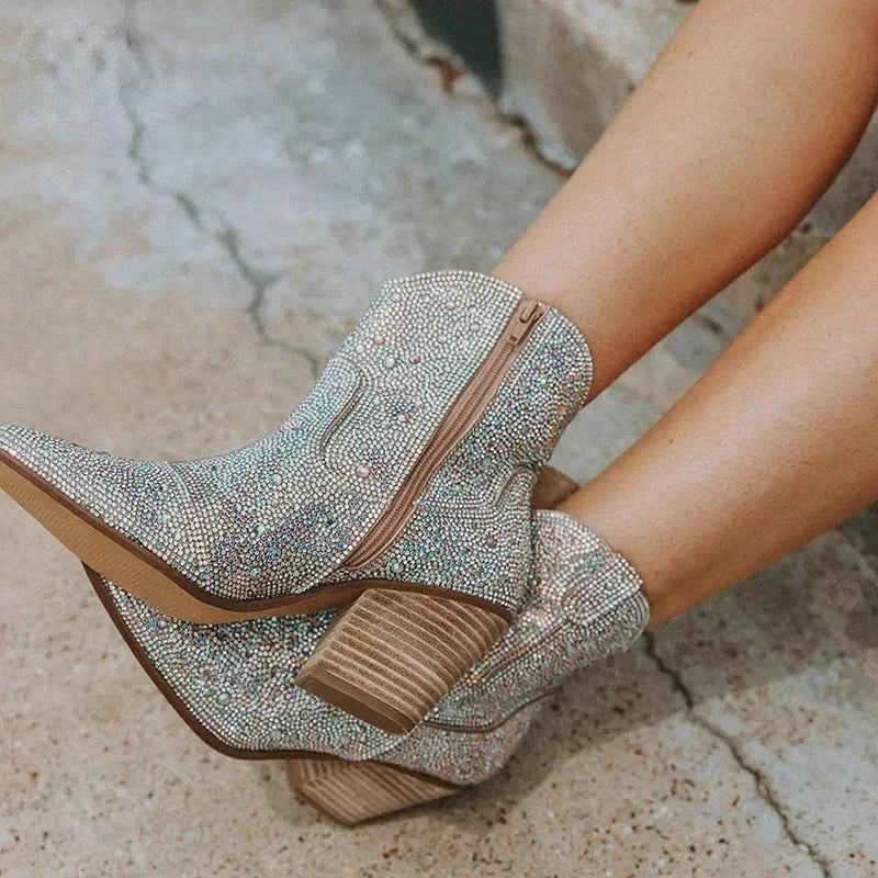 Women's Glitter Cowboy Ankle Boots – Sequin Western High Heel Women's Ankle Boots Axl