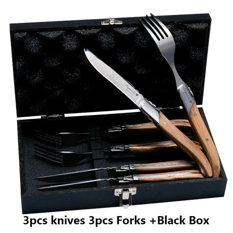 Laguiole Steak Knife Set – Olive Wood Handle, Polished Blade Steak Knife Set Axl 3 knife 3 fork box