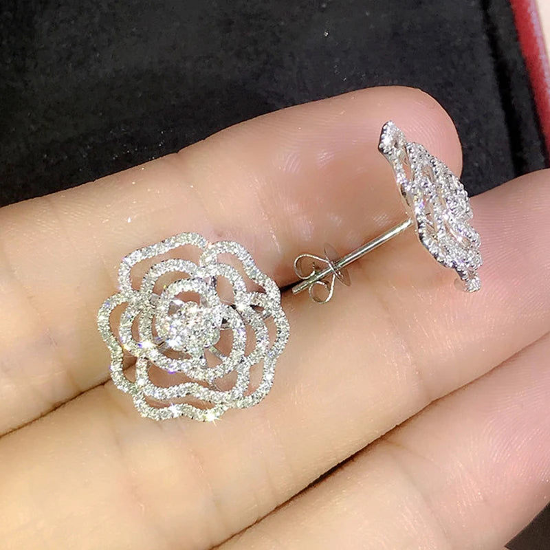 Huitan Camellia Flower CZ Crystal Stud Earrings – Silver CZ Stud Earrings Axl E2952