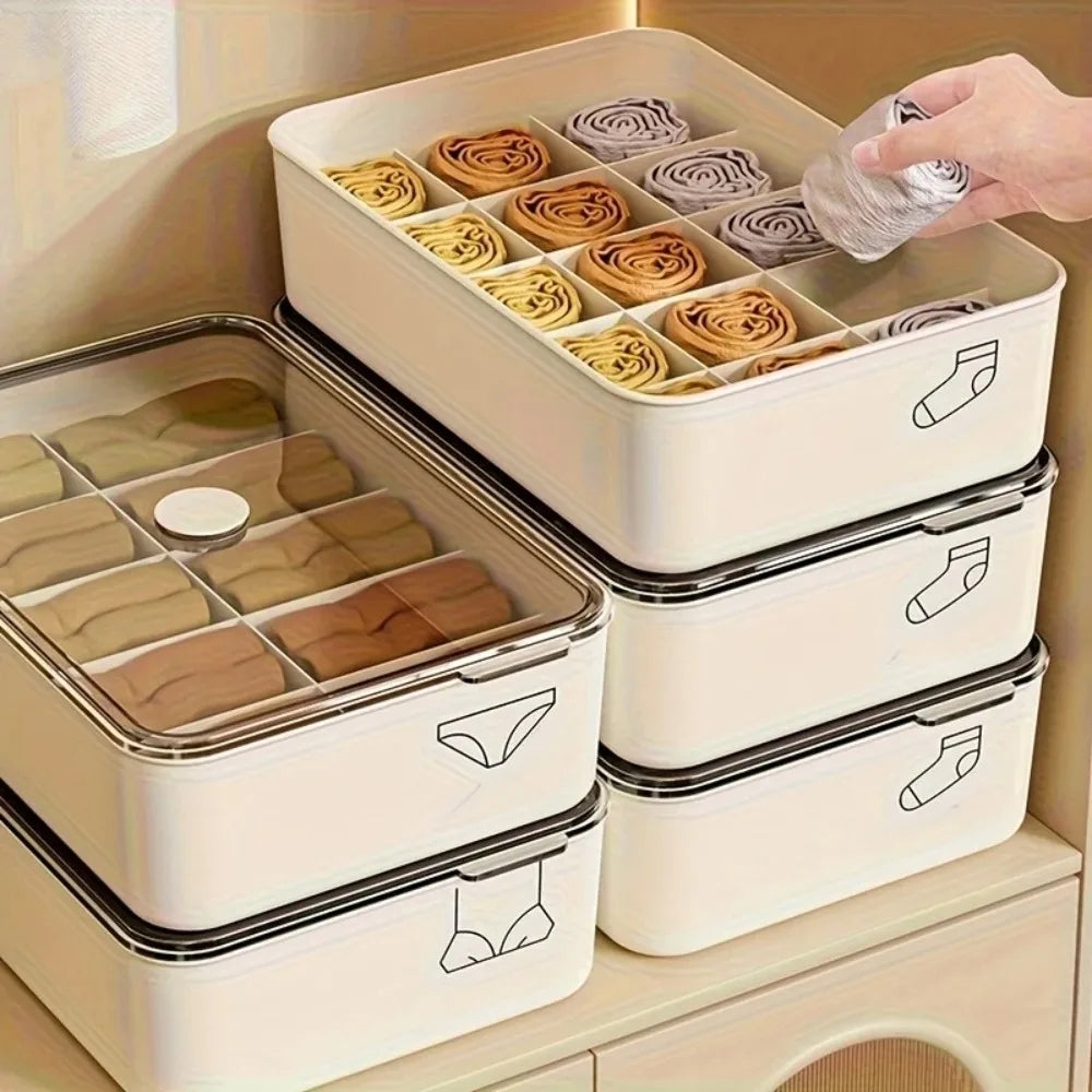 Transparent Lidded Underwear Storage Box with Compartments Wardrobe Storage Box Axl