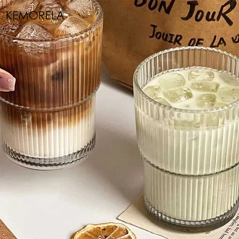KEMORELA 380ml Striped Glass Cup with Lid & Straw | 1 or 2 Pack Glass Drinkware Set Axl