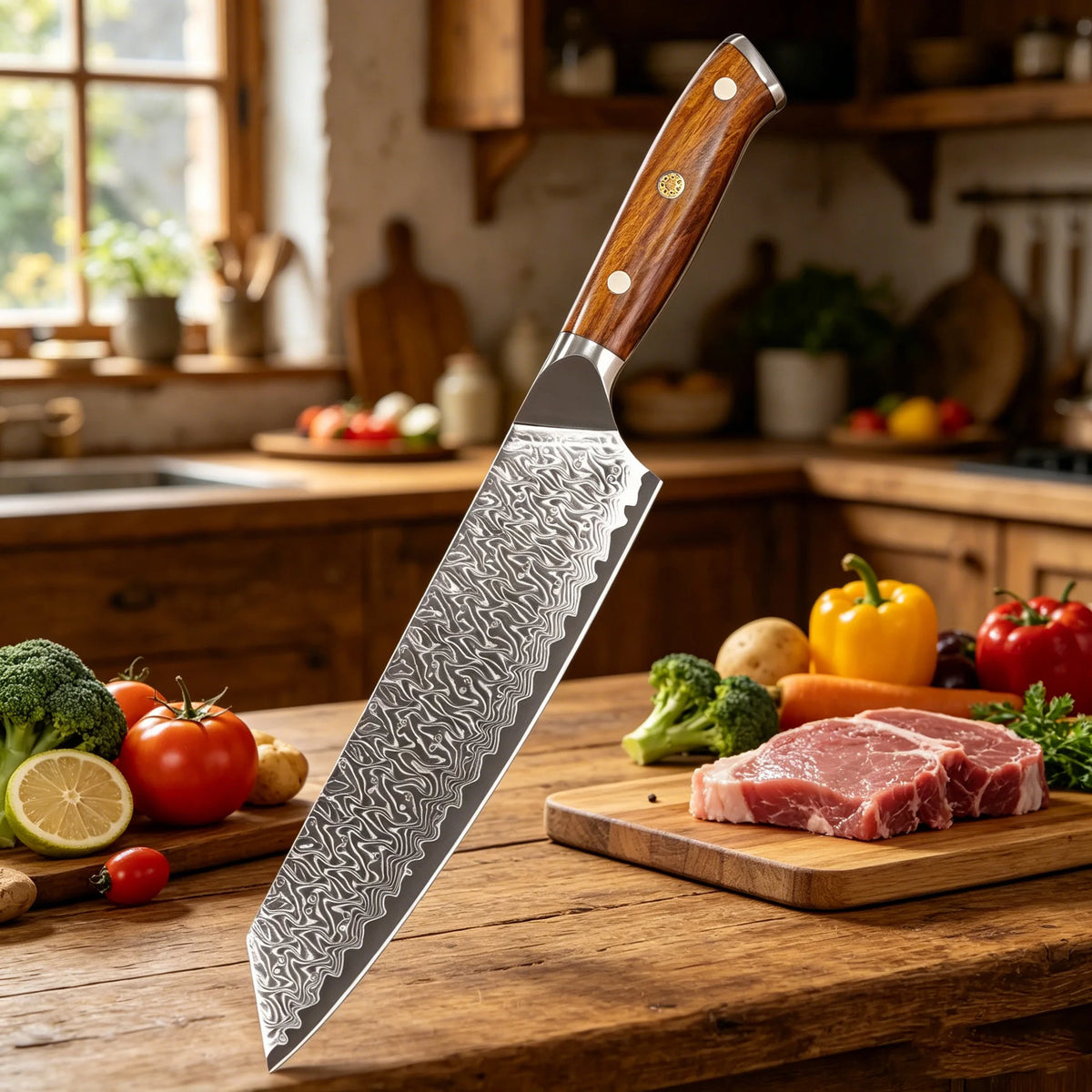 Hand Forged Kiritsuke Damascus Steel Kitchen Knife – 20cm Damascus Kitchen Knife Axl