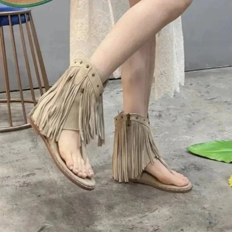Women's Gladiator Sandal Boots | Tassel Flat Roman Toe Clip Gladiator Sandal Boots Axl