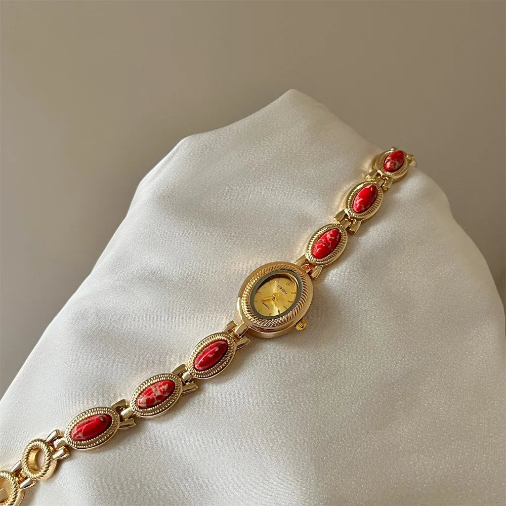 Luxury Oval Bracelet Watch – Vintage Gemstone Quartz Women Bracelet Watch Axl Red