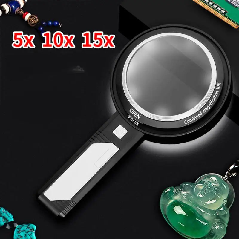 Illuminated Magnifying Glass 5X 10X 15X – 6 LED & UV Lights Illuminated Magnifier Axl rechargeable 65mm 50mm