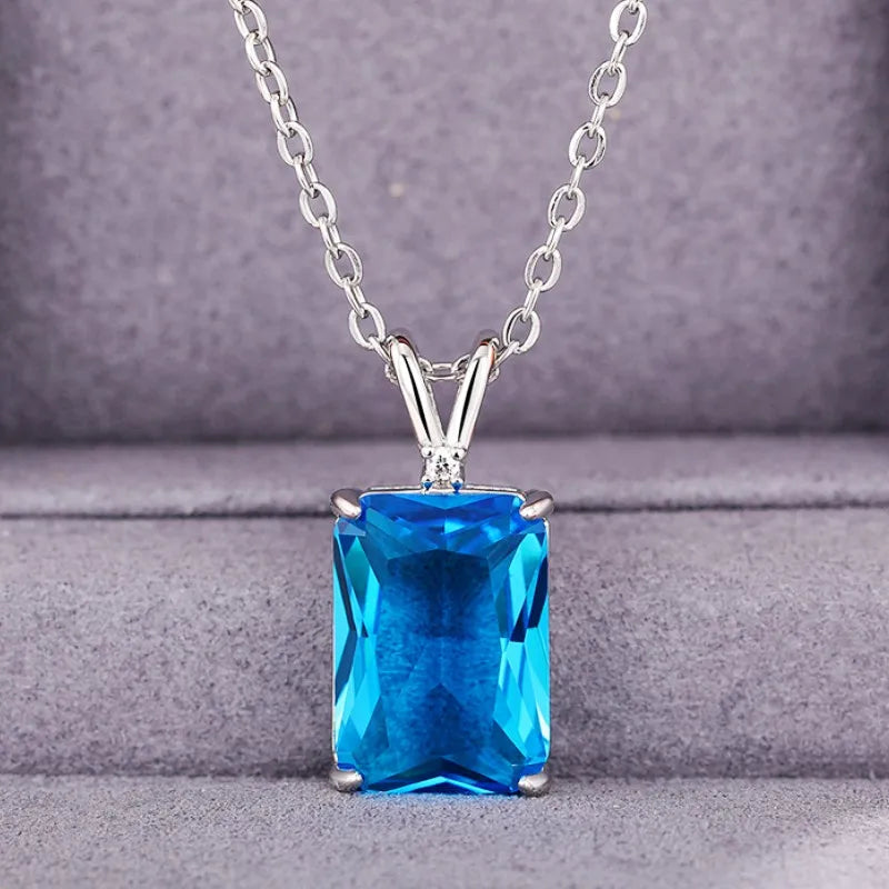 Huitan Blue CZ Square Pendant Necklace | Women's Wedding Jewelry Pendant Necklace Axl