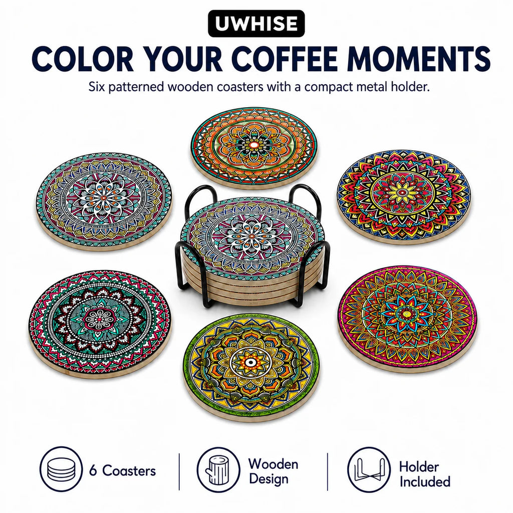 6-Piece Boho Mandala Ceramic Coasters Set with Holder Ceramic Coaster Set Axl