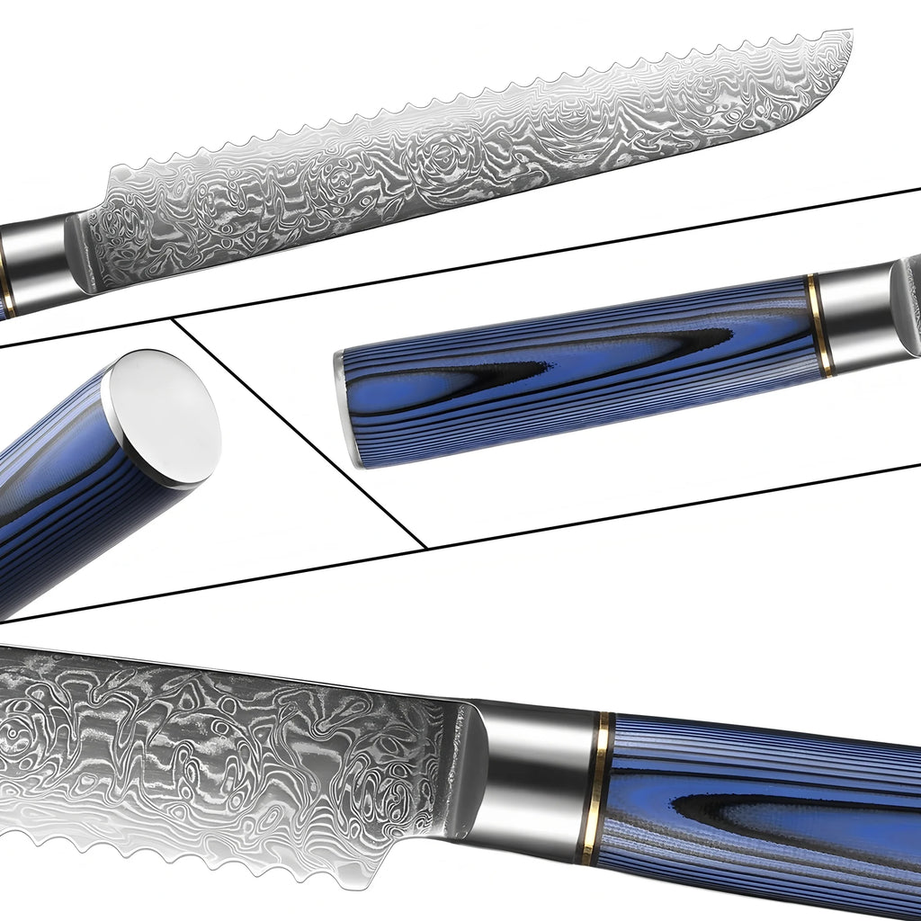 67-Layer Damascus Steel Serrated Bread Knife – Ergonomic Serrated Bread Knife Axl