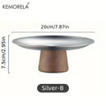 KEMORELA Stainless Steel Cake Tray with Wooden Base | Korean Style Decorative Serving Tray Axl Silver-B