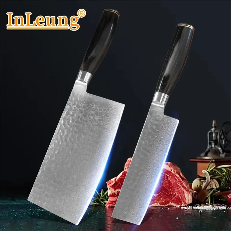 InLeung Damascus Steel Cleaver – Chinese Chef's Kitchen Knife Damascus Kitchen Cleaver Axl