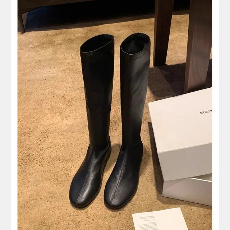 Women's Gothic Punk Knee-High Boots – Slip-On Split Leather Knee-High Boots Axl