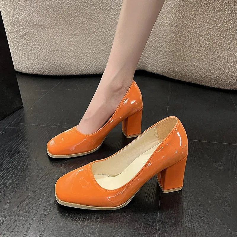 Women's Retro Square Toe Block Heel Pumps – Slip-On Dress Block Heel Pumps Axl
