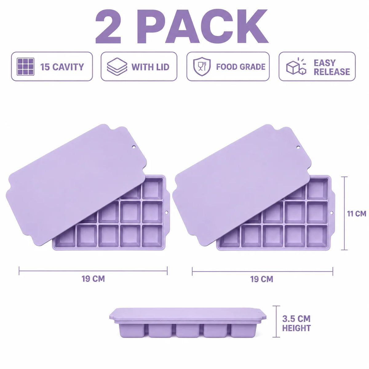 15-Grid Silicone Ice Cube Tray with Lid | Large Square Ice Mold Silicone Ice Cube Tray Axl 2 Pack Purple