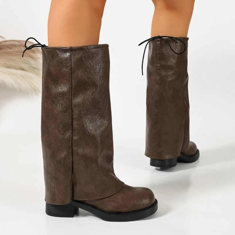 Women's Ruched Slouch Knee-High Boots | Block Heel Slip-On Knee-High Boots Axl
