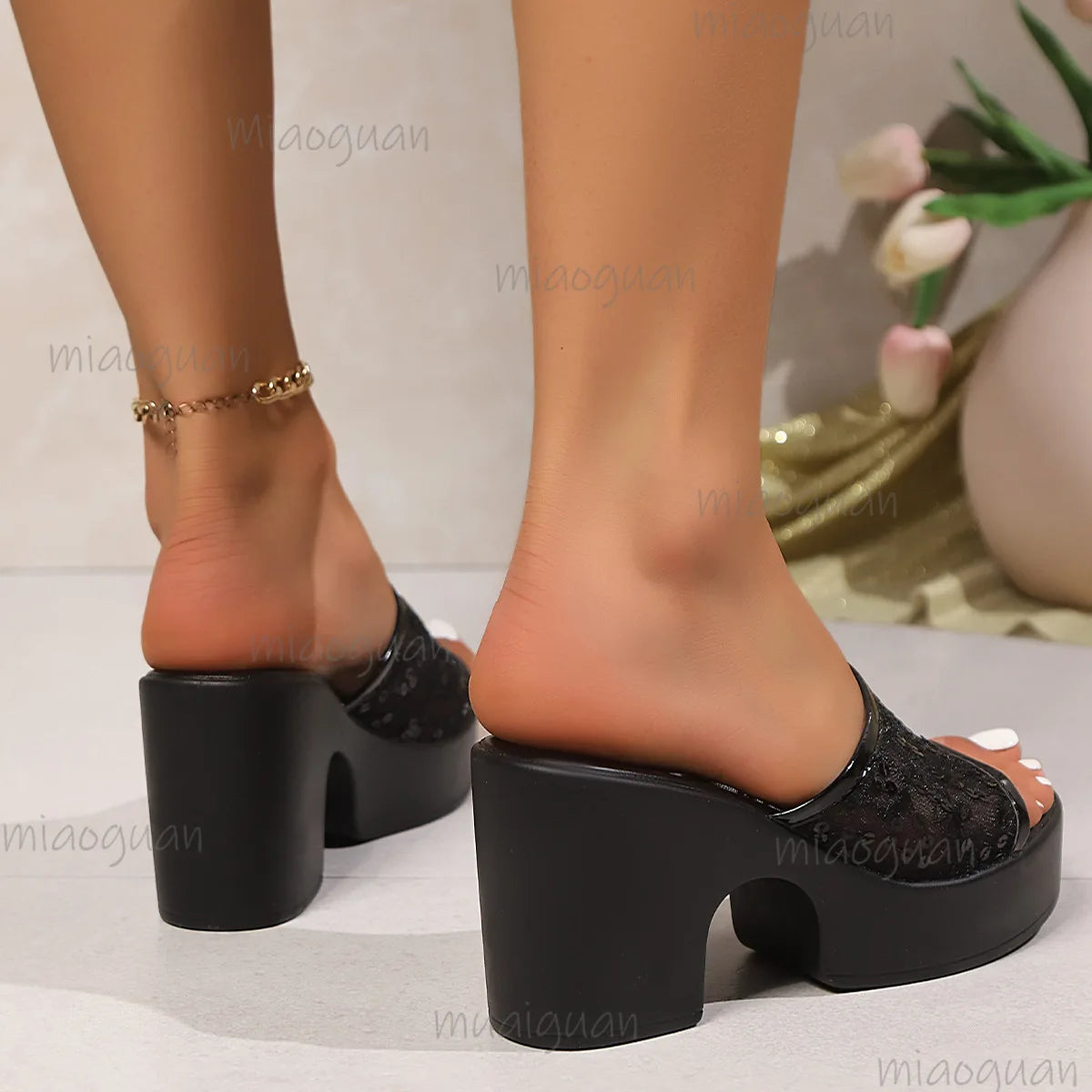 Women's Chunky Heel Sequin Mesh Slides | Platform Slippers Platform Heel Slides Axl