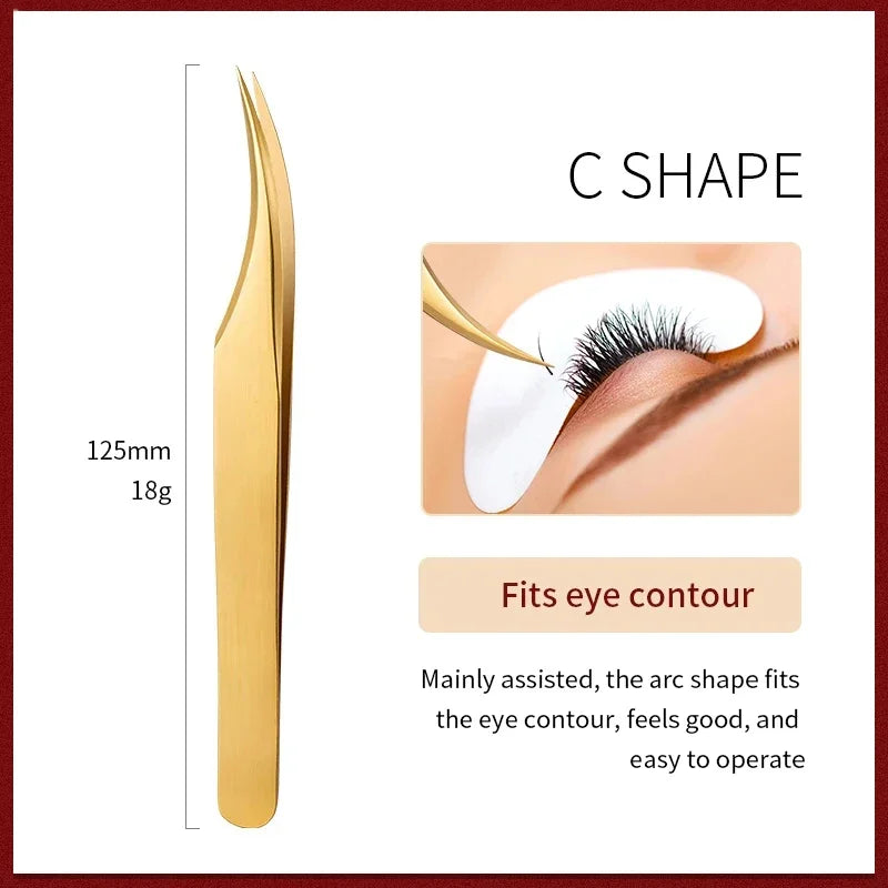 Precision 3D Lash Extension Tweezers – Stainless Steel Pro Clip Lash Extension Tweezers Axl Gold C Shape