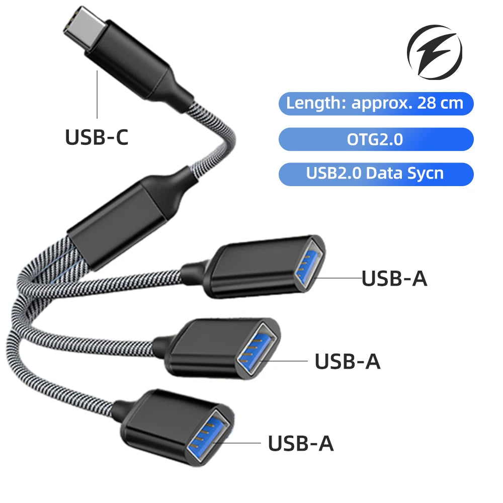 3-in-1 USB-A & Type-C Splitter Cable Hub Adapter 28cm USB Hub Adapter Axl C to 3USBA