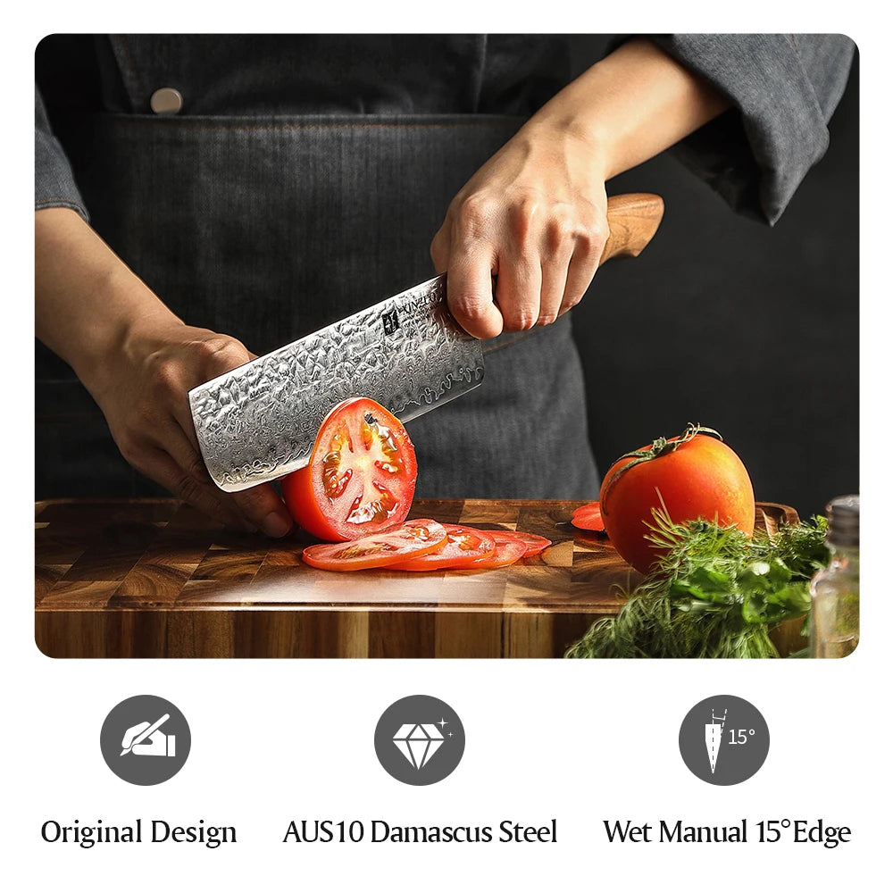 XINZUO 7" Nakiri Knife – AUS10 Damascus Steel Walnut Handle Damascus Nakiri Knife Axl