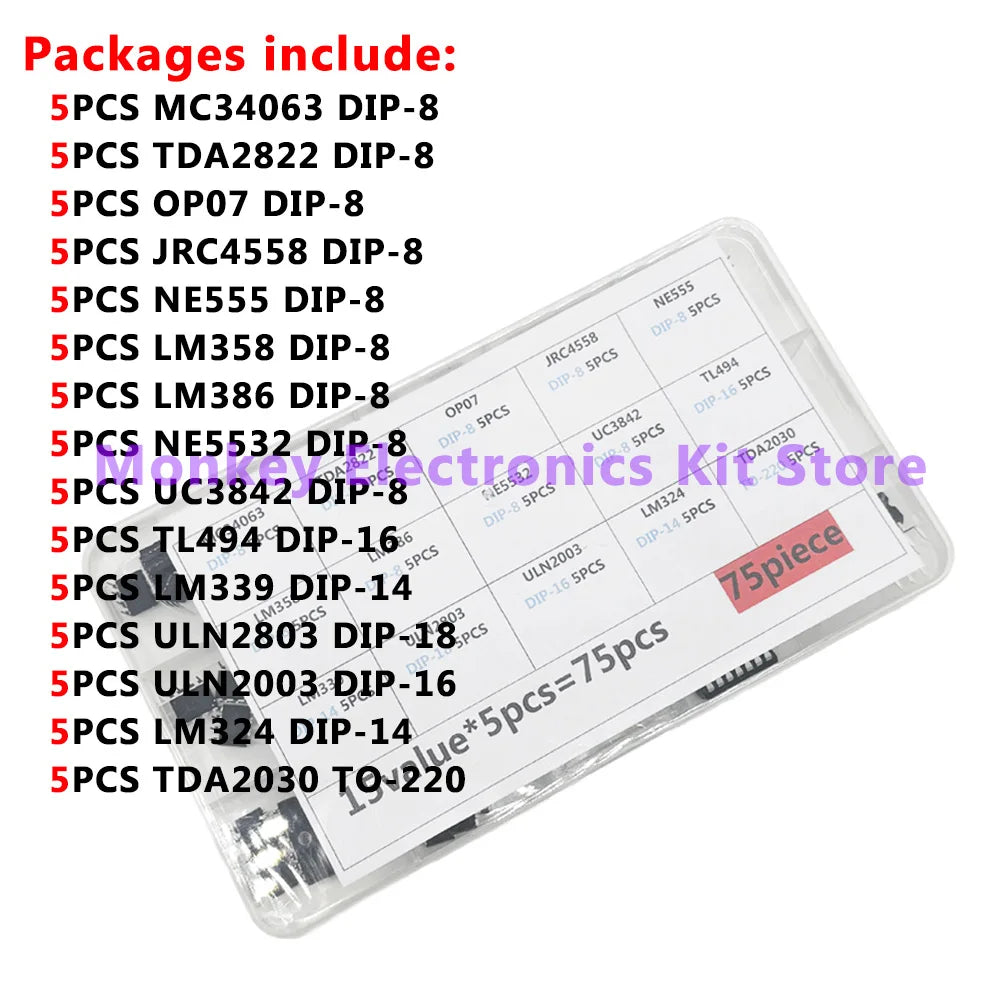75PCS 15-Value DIP IC Kit – NE555, LM358, LM386 & More IC Component Kit Axl