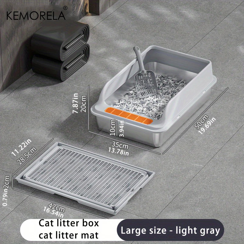 KEMORELA XL Stainless Steel Cat Litter Box with Anti-Splash Mat Cat Litter Box Axl Light gray 50cm