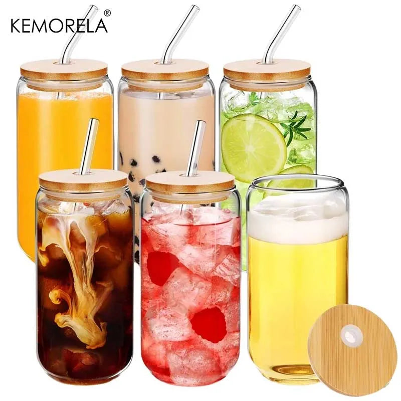 KEMORELA 500ml Glass Can Cups with Lids & Straws – Set of 2/4/6 Glass Drinkware Set Axl 6PCS 500ml