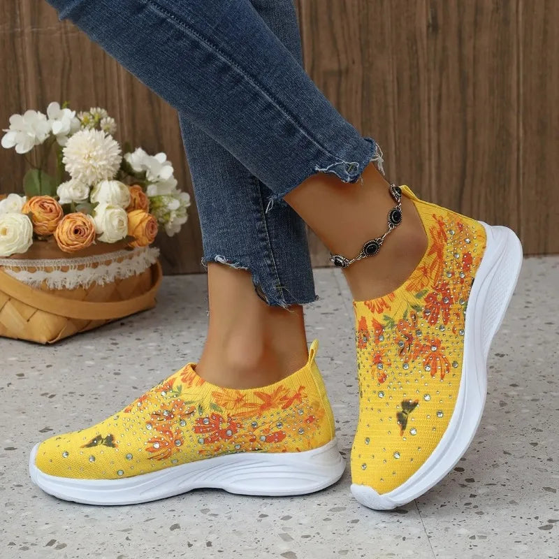 Flower Print Knitted Sneakers – Crystal Slip-On Women's Shoes Knitted Slip-On Sneakers Axl
