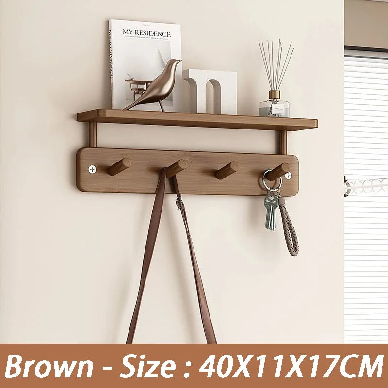 Wall Mounted Bamboo Coat Rack with Shelf & 8 Hooks Wall Coat Rack Axl Brown-4 Hooks