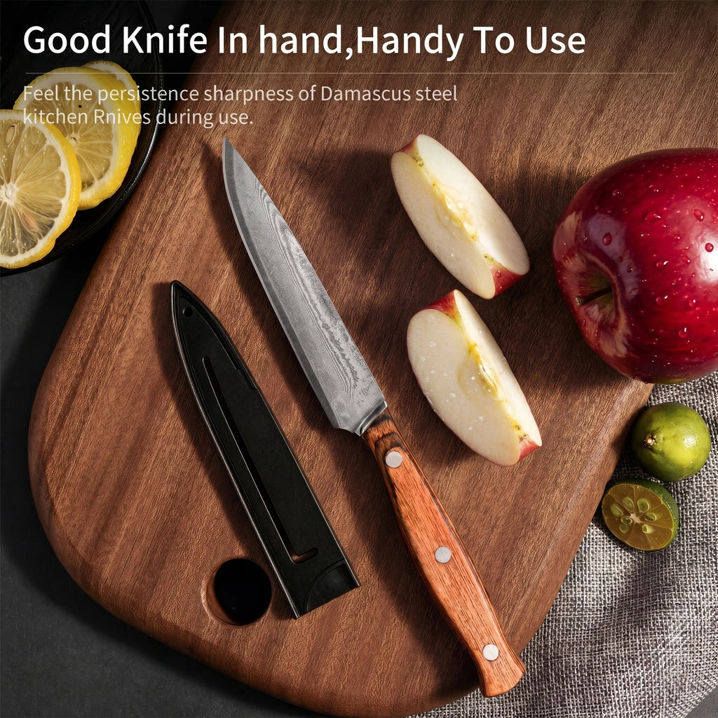 Damascus Pattern Kitchen Knife – 10Cr Steel, Wood Handle & Sheath Kitchen Slicing Knife Axl