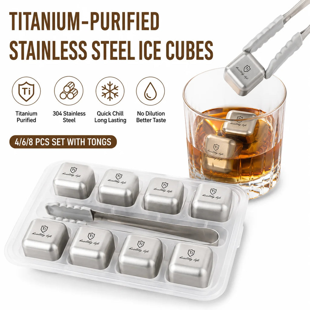 Titanium Stainless Steel Reusable Ice Cubes Set with Tongs Whiskey Stones Set Axl